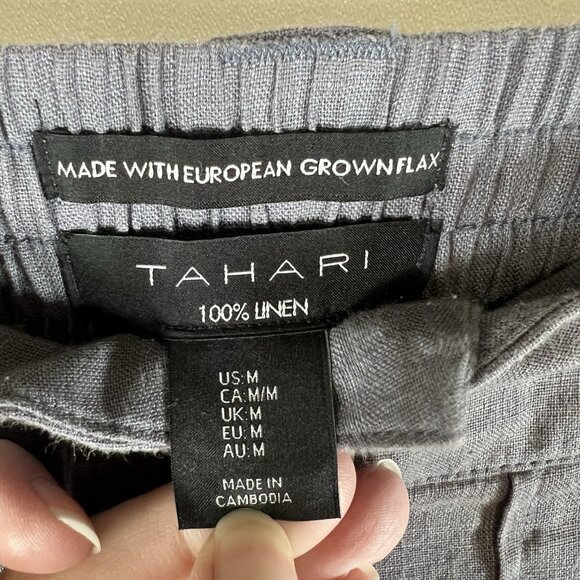 Tahari Linen Pants Size Medium Gray Pockets High Rise Stretch Waist Lagenlook - Picture 5 of 7